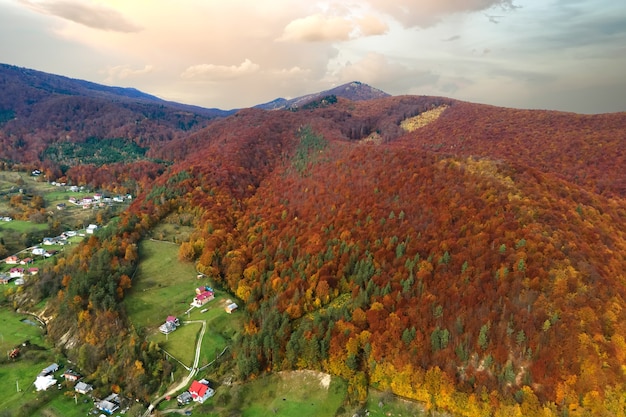 Aerial view of small shepherd houses on wide meadow between autumn forest