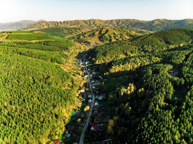 Aerial view of a small town in the altai territory top view of the resort town belokurikha birdseye