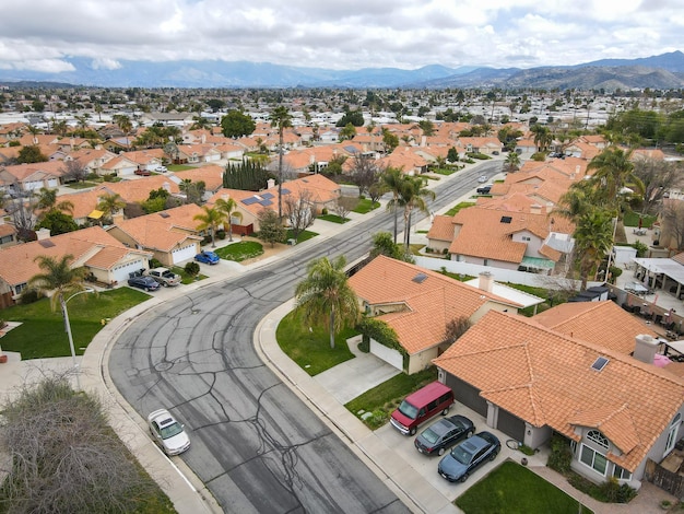 Aerial view of small town Hemet in the San Jacinto Valley in Riverside County California USA