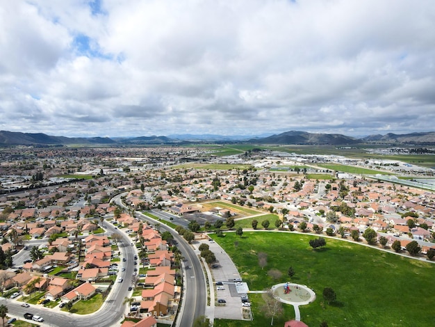 Aerial view of small town Hemet in the San Jacinto Valley in Riverside County California USA