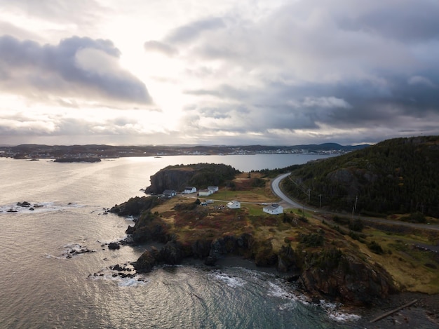 Aerial view of a small town on a rocky Atlantic Ocean Coast Newfoundland Canada