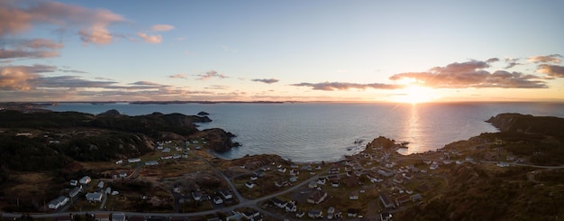 Aerial view of a small town on a rocky Atlantic Ocean Coast Newfoundland Canada