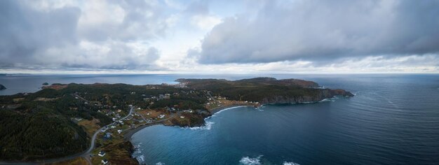 Aerial view of a small town on a rocky Atlantic Ocean Coast Newfoundland Canada