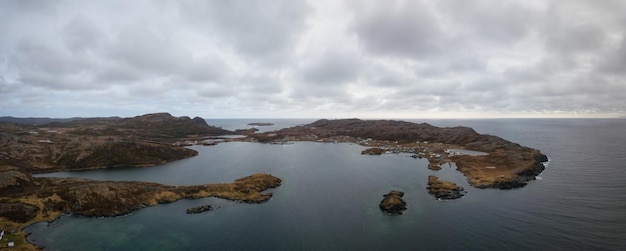 Aerial view of a small town on a rocky atlantic ocean coast newfoundland canada