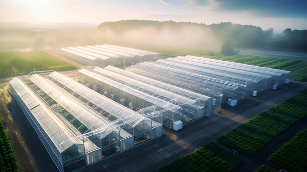 Aerial view of a smart greenhouse with automated systems