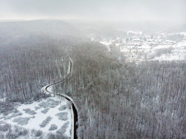 Aerial view of snow covered landscape