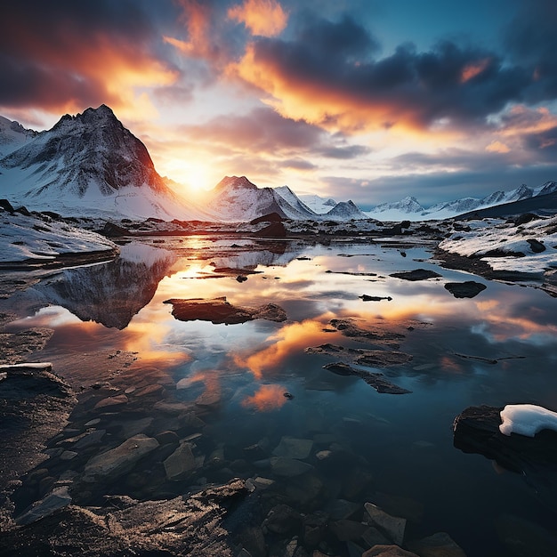 Aerial view of snow covered mountains located near sea with reflection in water against bright