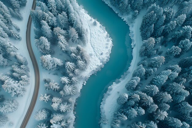 Aerial View of Snow Covered Trees Surrounding a River