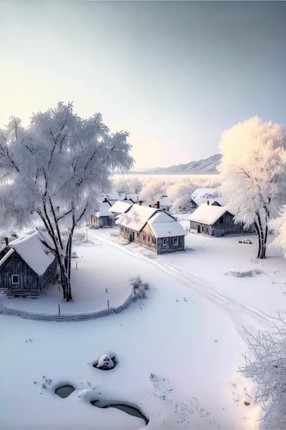 An aerial view of a snow covered village generative ai