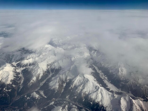 Aerial view of snowcapped mountains against sky