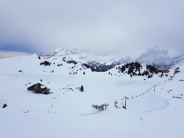 Aerial view of snowcapped mountains against sky