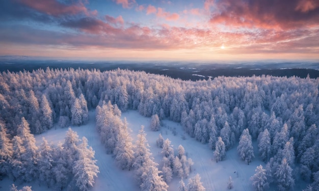 Aerial view of snowy forest with a road