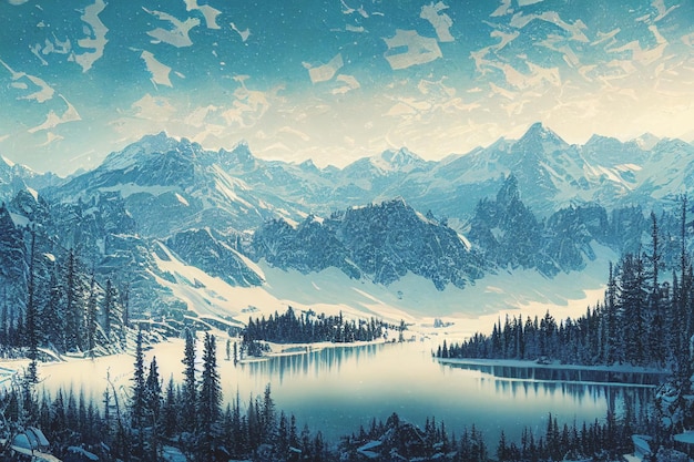 Aerial view of snowy mountains Blue sea with frosty coast with reflection in the water Snow covered winter mountain lake in a winter atmosphere Beautiful background photo