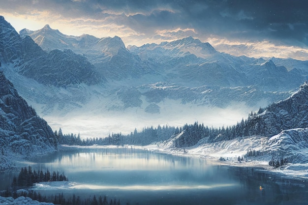 Aerial view of snowy mountains Blue sea with frosty coast with reflection in the water Snow covered winter mountain lake in a winter atmosphere Beautiful background photo