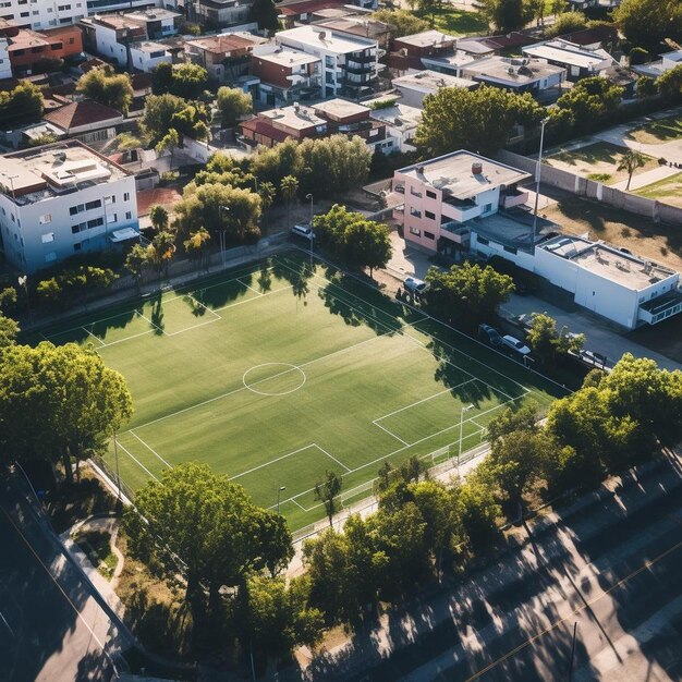 Foto vista aerea di un campo da calcio accanto a una strada priva di traffico