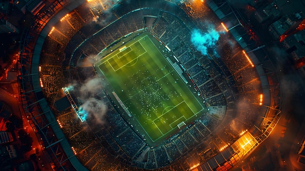 An aerial view of a soccer stadium at night