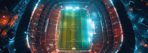 Aerial View of a Soccer Stadium at Night