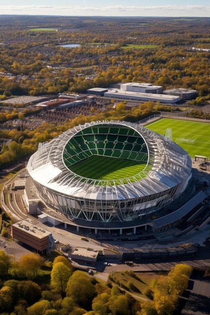 an aerial view of a soccer stadium surrounded by trees