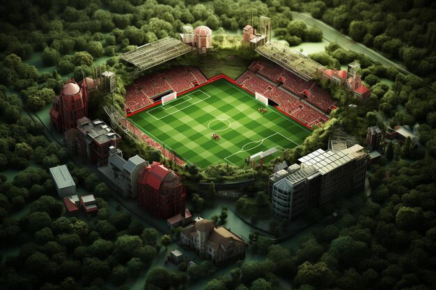 an aerial view of a soccer stadium surrounded by trees