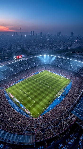 Aerial view of a soccer stadium with a large crowd at night