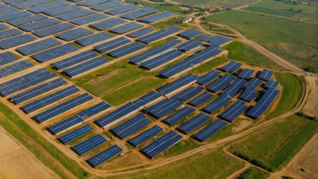 Aerial view of solar farm in rural landscape