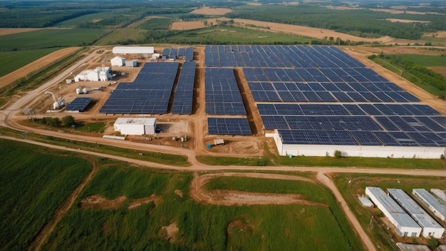 Aerial view of solar farm in rural landscape