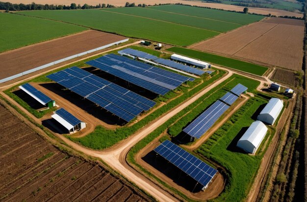 Photo aerial view of solar farm in rural landscape