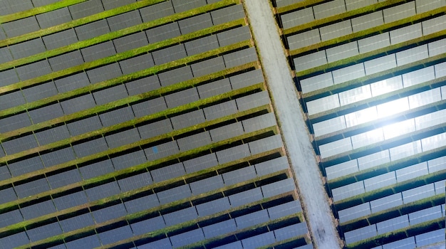 Aerial view of solar farm Solar power for green energy Sustainable resources Solar cell panels use