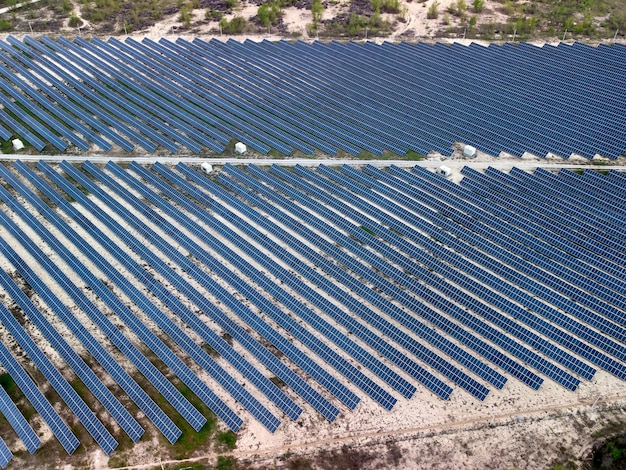 Aerial view of solar panel base in desert