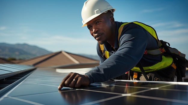 Photo the aerial view of solar panel and engineer worker installing and checking maintain solar panel energy green system in the rooftop of building and home