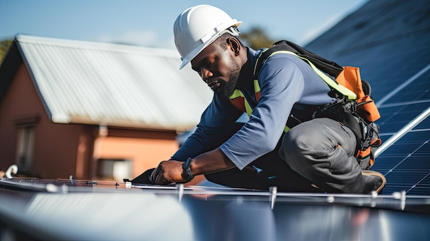 The aerial view of solar panel and engineer worker installing and checking maintain solar panel energy green system in the rooftop of building and home