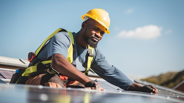 Photo the aerial view of solar panel and engineer worker installing and checking maintain solar panel energy green system in the rooftop of building and home