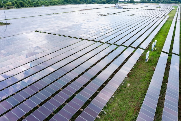 aerial view solar panels or solar cells in a field