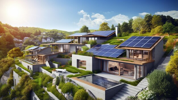 воздушный вид солнечных панелей с современным домом в городе
