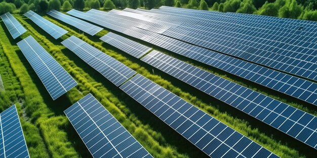 再生可能エネルギーを生成する太陽光発電所の空中写真