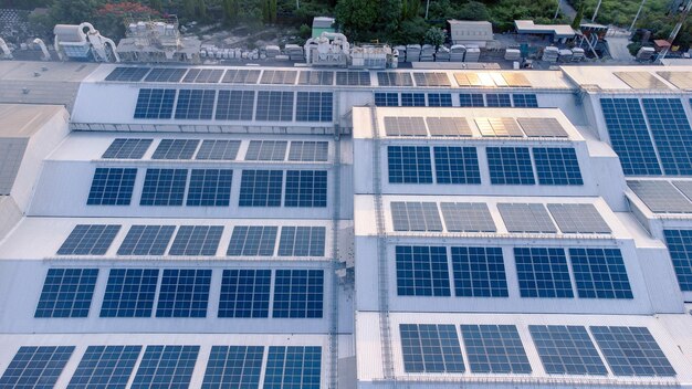 Aerial view of solar roof of the factory in eco environment