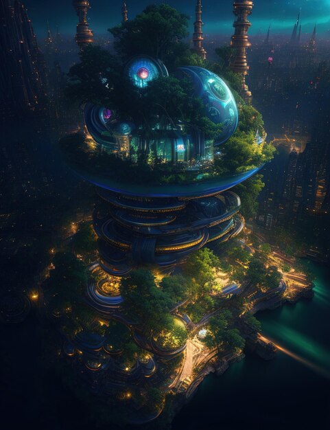 Solarpunk city ruins flooded - AI Photo Generator - starryai