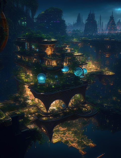 Solarpunk city ruins flooded - AI Photo Generator - starryai