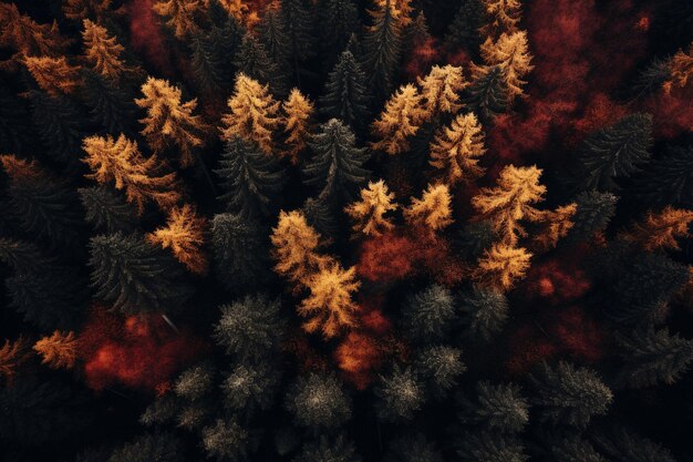 Photo aerial view of some trees in autumn in the style of dark orange and light maroon mesmerizing