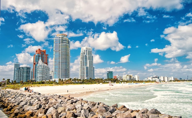 Aerial view of South Miami Beach and skycrappers at sunny day. vacation in miami, miami real estate.