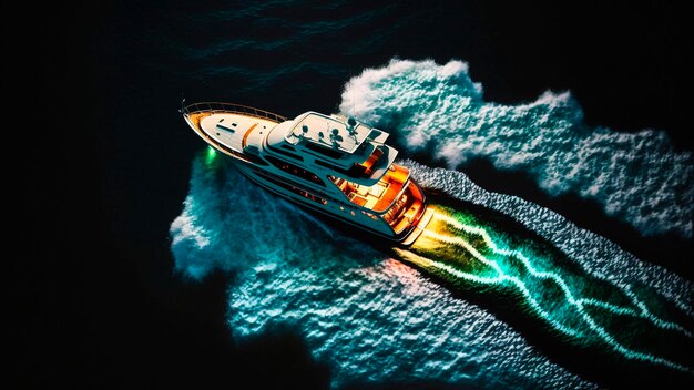夜にライトが点灯した海でのスピードボートの空撮