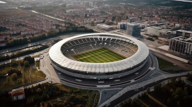 Aerial view of a sports stadium in the city