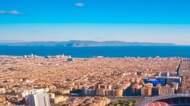 Aerial view of spotify camp nou and panoramic view of barcelona city in catalonia