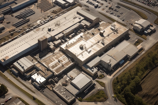 Foto vista aerea di un vasto complesso industriale con più edifici e camion per le consegne