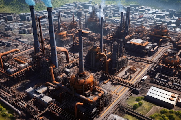 Foto veduta aerea di un vasto complesso di acciaierie creato con l'intelligenza artificiale generativa