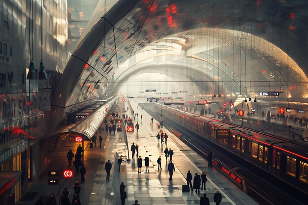 Photo aerial view of the station trains arrive at the station an old wide arched structure of metal and glass above the station piers skyline with tall houses