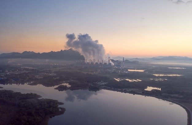 Aerial view steam fumes above the coal power plant mae moh lampang thailand