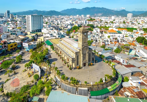 Aerial view Stone cathedral in Nha Trang city, Vietanm. The oldest church built by the French