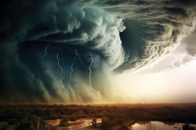 雷のある嵐の空の航空写真 AI が生成した山の自然構成パノラマ