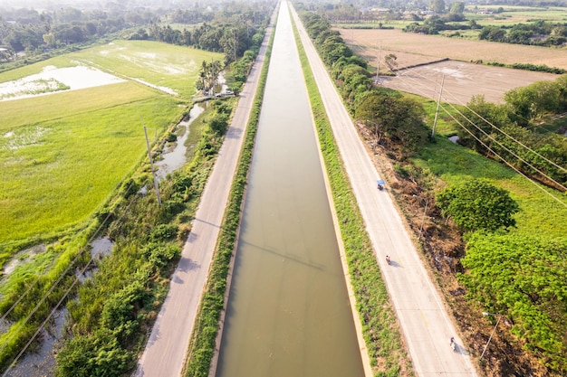 Aerial view of straight irrigation canal system management among the rice field and agronomic in countryside Water management and environmental sustainability concept